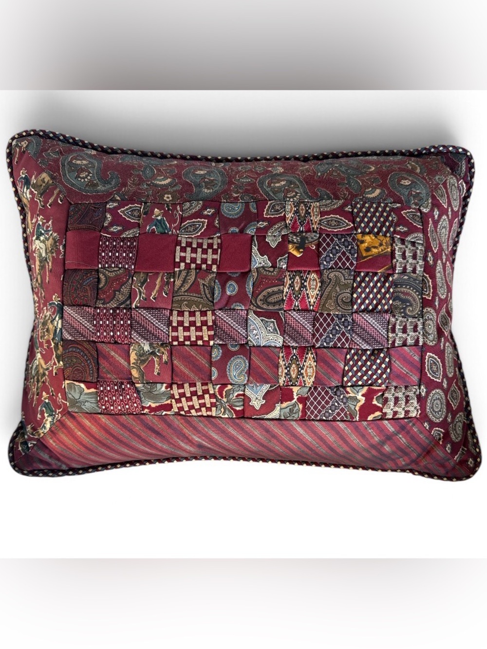 Western Equestrian Patchwork Luxury Throw Pillow in Burgundy and Gold Paisley
